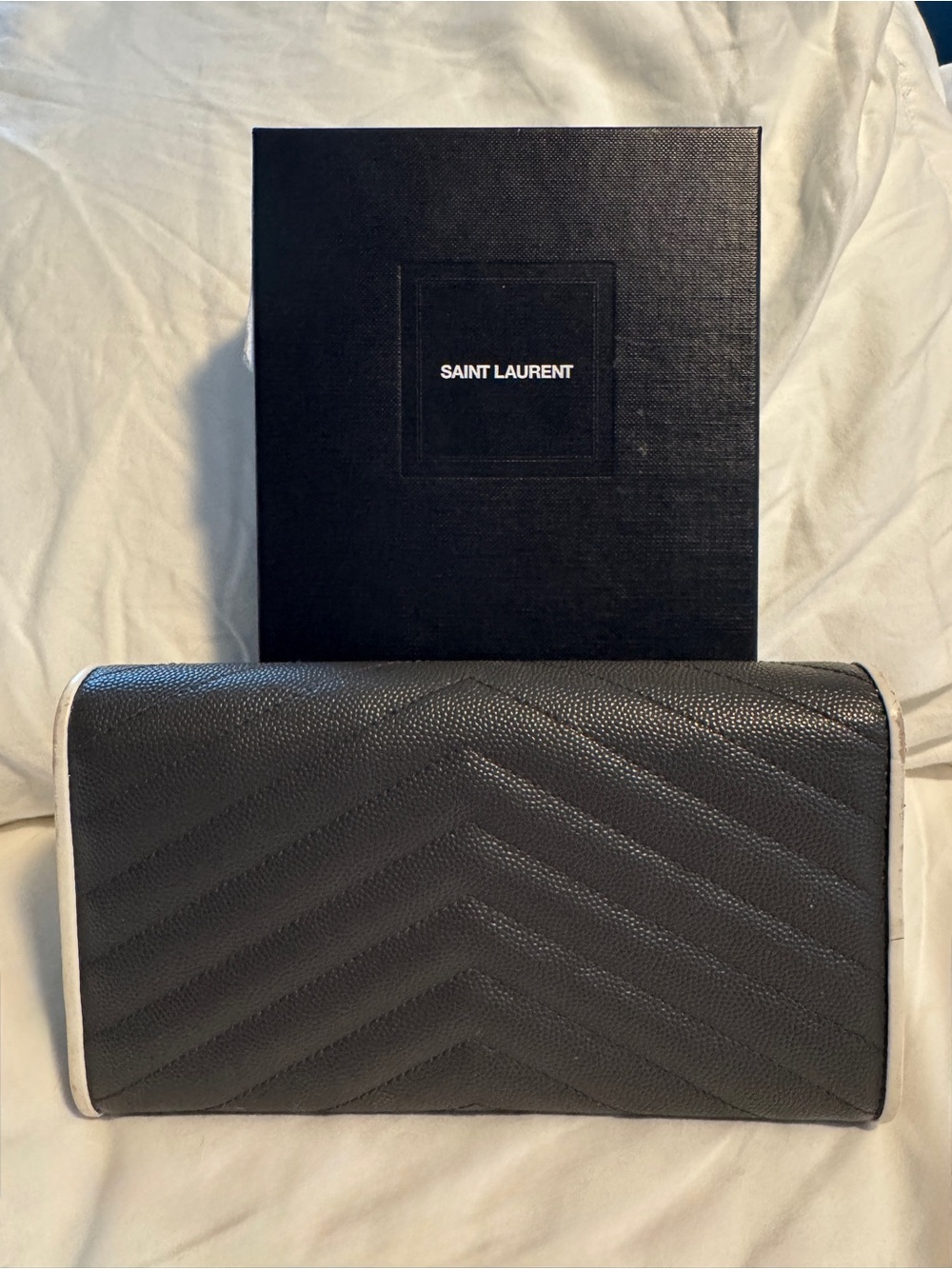 Saint Laurent Black Leather Long Wallet with White Trim - Picture 2 of 9